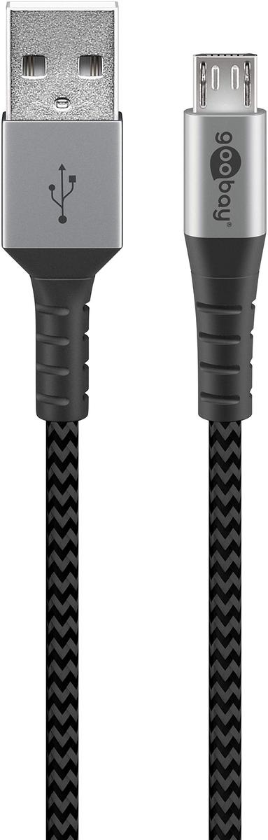 USB 2.0 Kabel, USB-A Stecker > Micro-USB Stecker (grau/silber, 1 Meter, gesleevt, Metallstecker)
