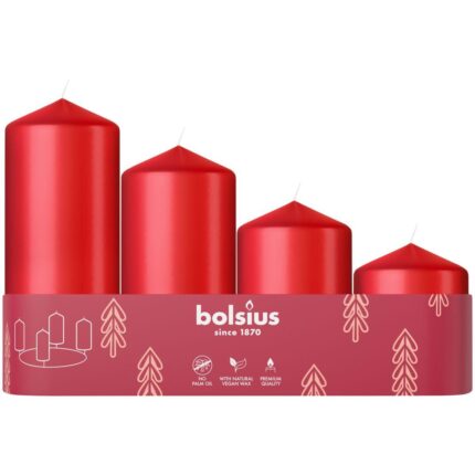 Set of cylindrical candles BOLSIUS, red, 4 pcs.